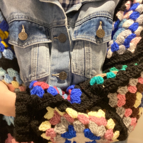 Upcycled BBJ Los Angeles Denim Jacket — Women's L, Crochet Sleeves - Boho - Picture 3 of 8